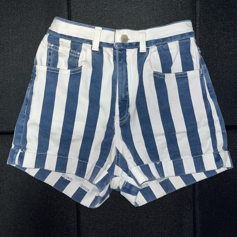 American Apparel Blue and White Striped High Waist Shorts